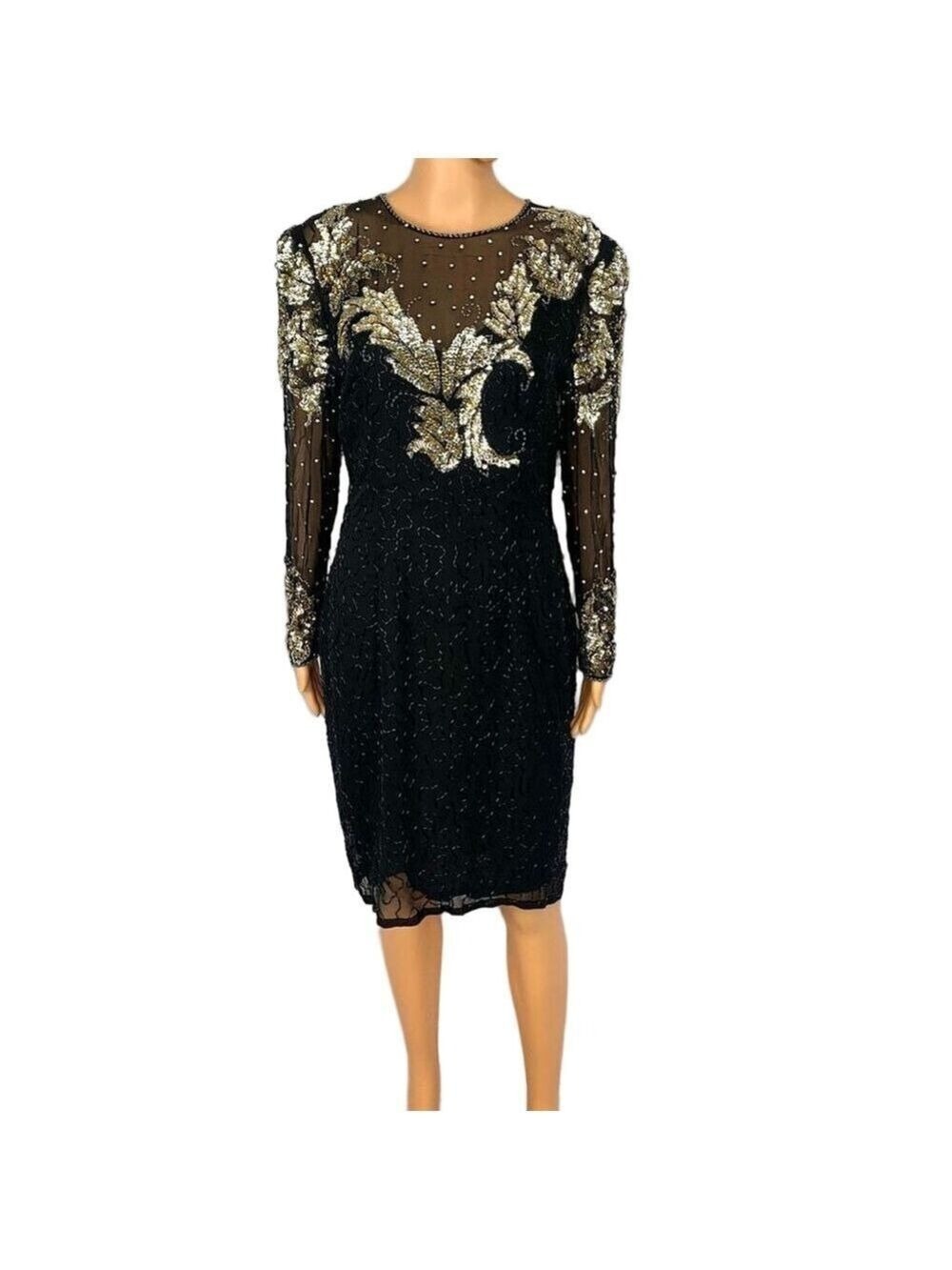 Vintage Haute Sheer Silk Sequin Coctail Dress Silver gold sequin Women’s 10 by N